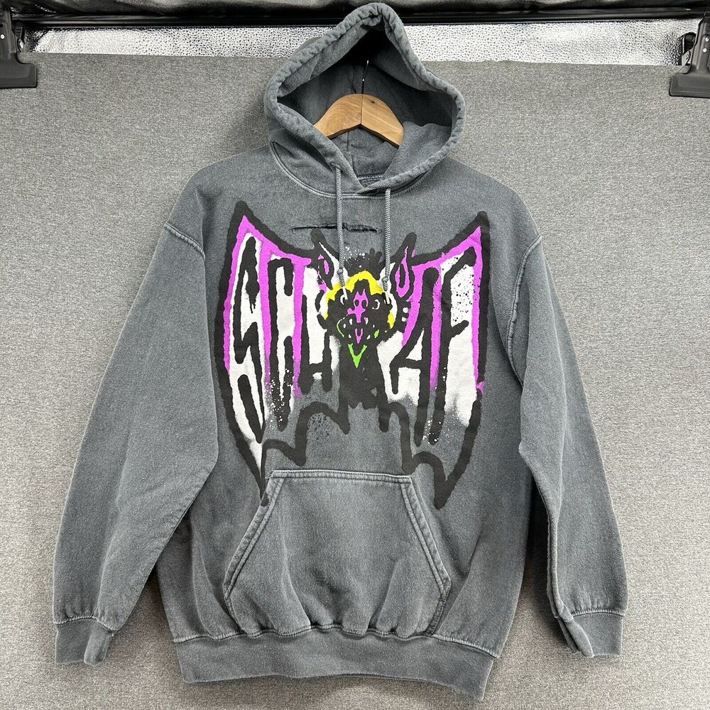 SCHAF Hoodie Womens Medium Distressed Torn Worn Street Wear Graffiti Bat Spooky